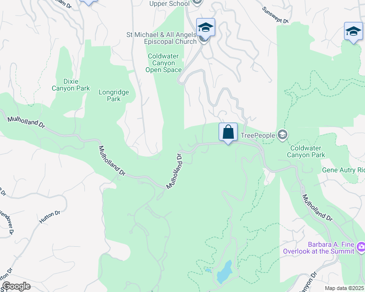 map of restaurants, bars, coffee shops, grocery stores, and more near 12895 Mulholland Drive in Beverly Hills