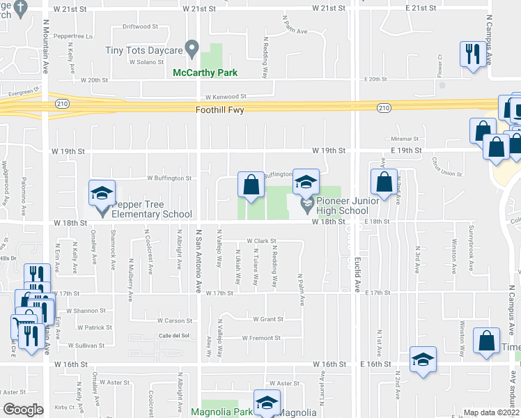 map of restaurants, bars, coffee shops, grocery stores, and more near 1817 North Redding Way in Upland