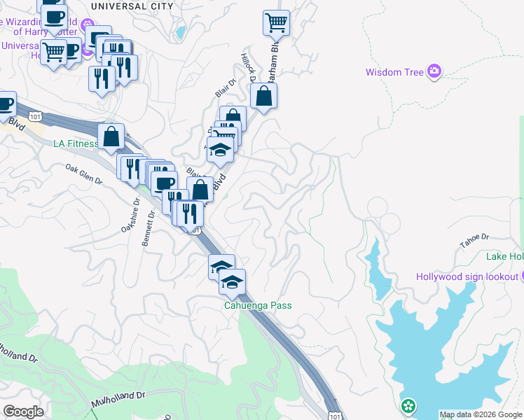 map of restaurants, bars, coffee shops, grocery stores, and more near 3301 Tareco Drive in Los Angeles