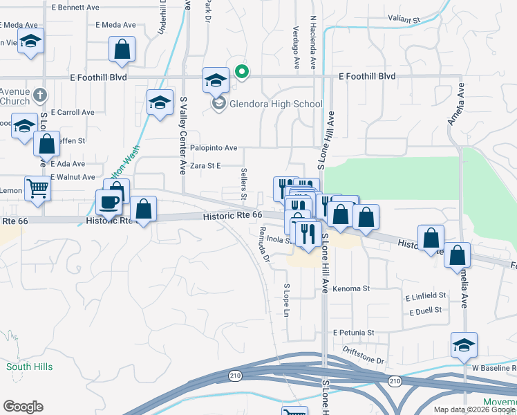 map of restaurants, bars, coffee shops, grocery stores, and more near 1751 East Route 66 in Glendora