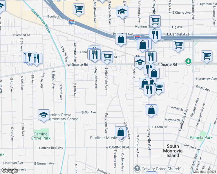 map of restaurants, bars, coffee shops, grocery stores, and more near 1404 South Alta Vista Avenue in Arcadia