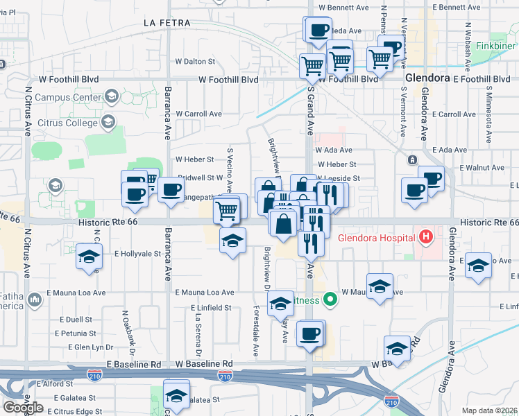 map of restaurants, bars, coffee shops, grocery stores, and more near 530 Forestdale Avenue in Glendora