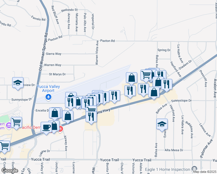 map of restaurants, bars, coffee shops, grocery stores, and more near 6719 Crestview Court in Yucca Valley