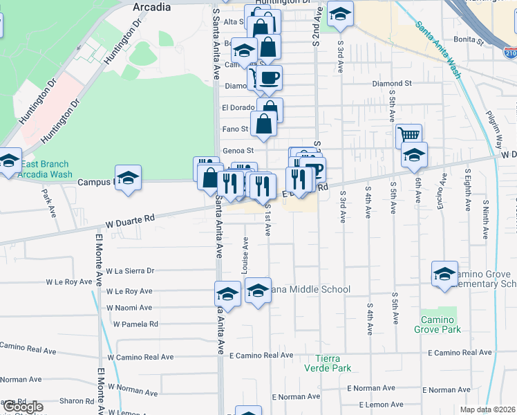 map of restaurants, bars, coffee shops, grocery stores, and more near 56 East Duarte Road in Arcadia