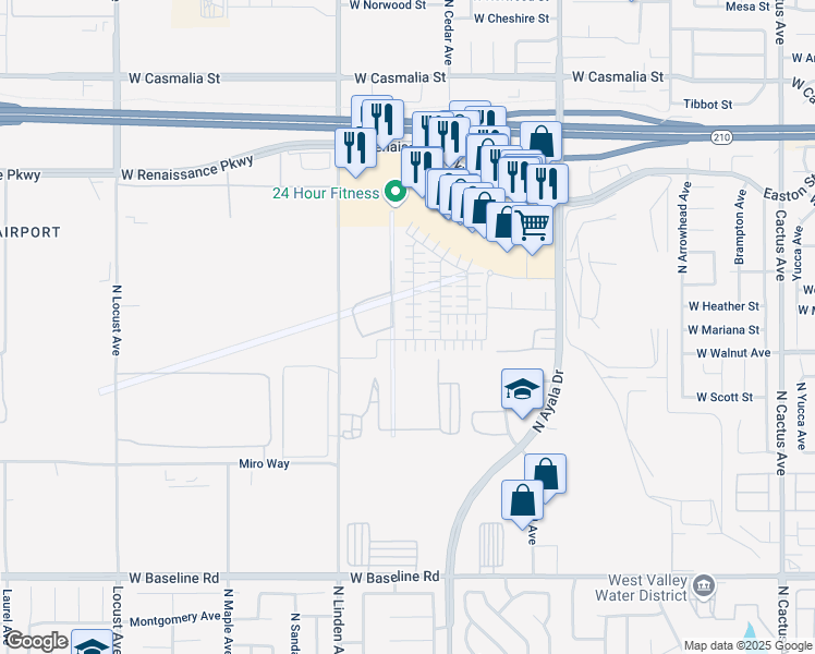map of restaurants, bars, coffee shops, grocery stores, and more near 1629 Eagle Road in Rialto