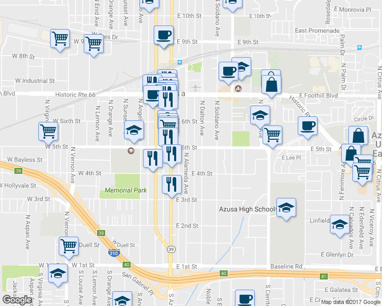 map of restaurants, bars, coffee shops, grocery stores, and more near 438 North Alameda Avenue in Azusa