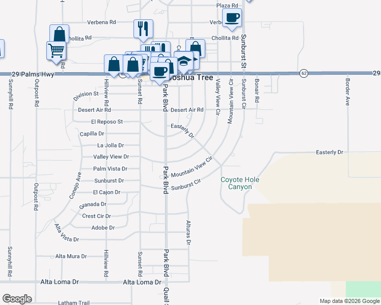 map of restaurants, bars, coffee shops, grocery stores, and more near 61876 Valley View Circle in Joshua Tree