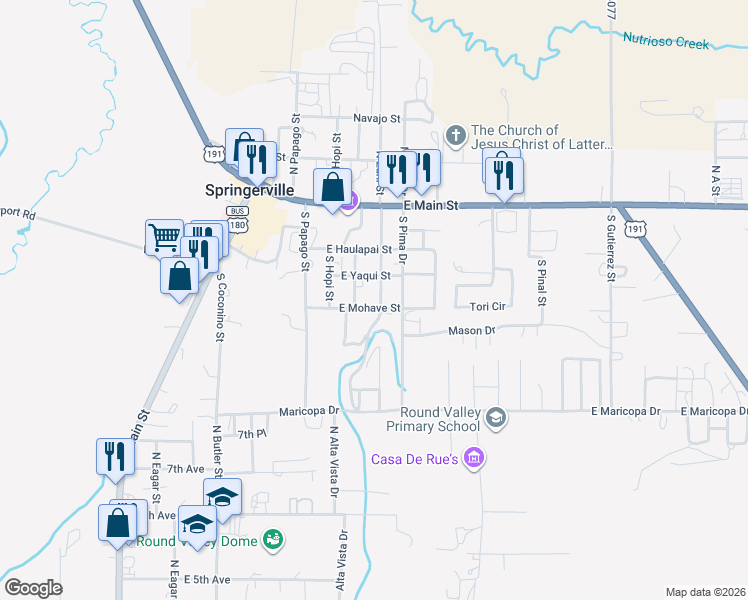 map of restaurants, bars, coffee shops, grocery stores, and more near 200-298 Cochise Drive in Springerville
