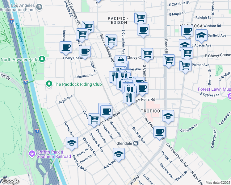 map of restaurants, bars, coffee shops, grocery stores, and more near 435 West Cypress Street in Glendale