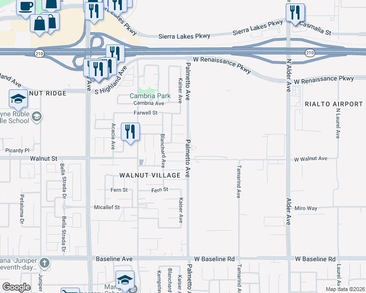 map of restaurants, bars, coffee shops, grocery stores, and more near 17291 Woodhill Street in Fontana