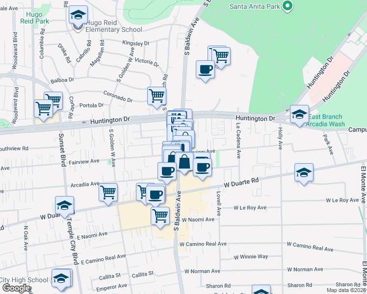 map of restaurants, bars, coffee shops, grocery stores, and more near 912 South Baldwin Avenue in Arcadia