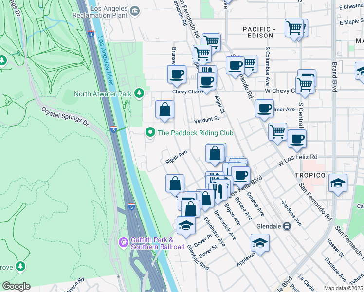 map of restaurants, bars, coffee shops, grocery stores, and more near 4226 Brunswick Avenue in Los Angeles