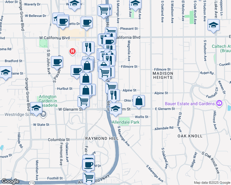 map of restaurants, bars, coffee shops, grocery stores, and more near 945 South Marengo Avenue in Pasadena
