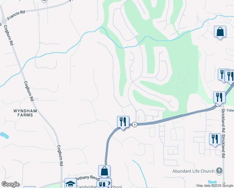 map of restaurants, bars, coffee shops, grocery stores, and more near 14285 Morning Mountain Way in Alpharetta