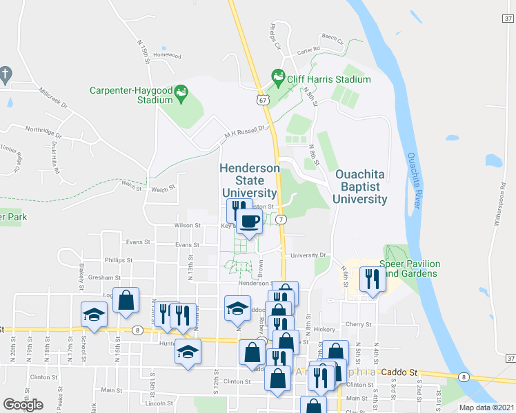 map of restaurants, bars, coffee shops, grocery stores, and more near 1054 Huddleston Street in Arkadelphia
