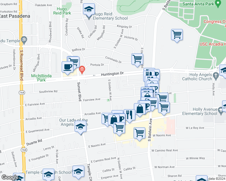 map of restaurants, bars, coffee shops, grocery stores, and more near 866 South Golden West Avenue in Arcadia