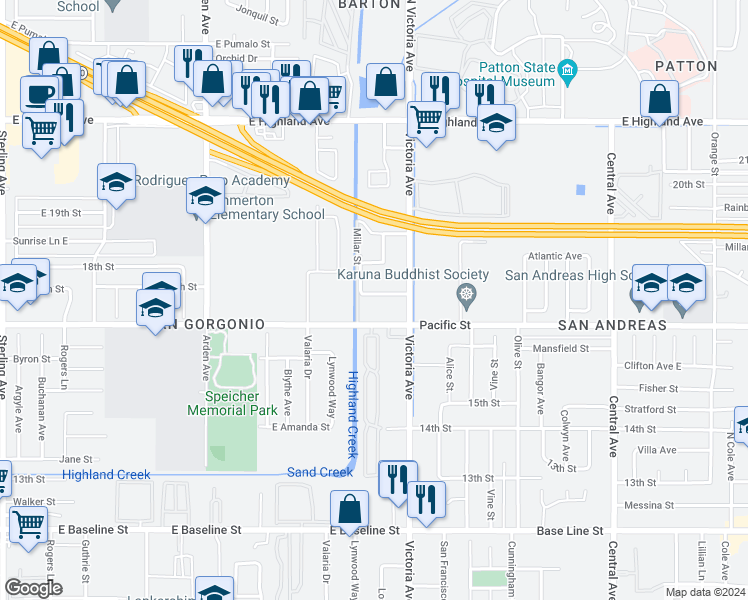 map of restaurants, bars, coffee shops, grocery stores, and more near 26427 Western Avenue in Highland