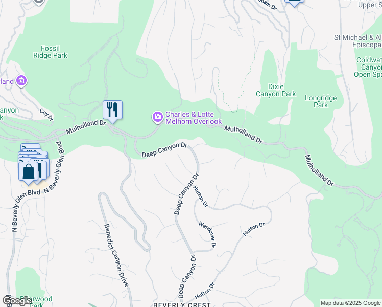 map of restaurants, bars, coffee shops, grocery stores, and more near 3039 Deep Canyon Drive in Beverly Hills