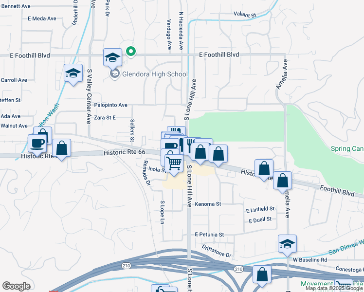 map of restaurants, bars, coffee shops, grocery stores, and more near 1866 Manor Lane in Glendora