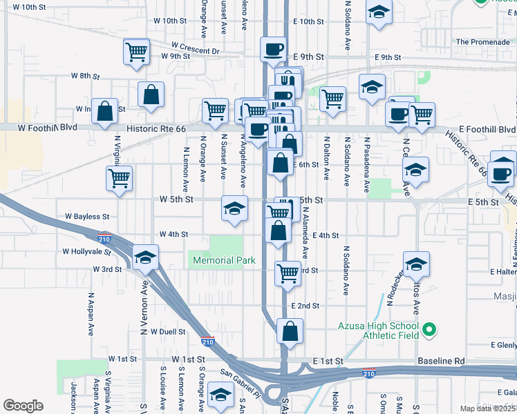 map of restaurants, bars, coffee shops, grocery stores, and more near 437 North San Gabriel Avenue in Azusa