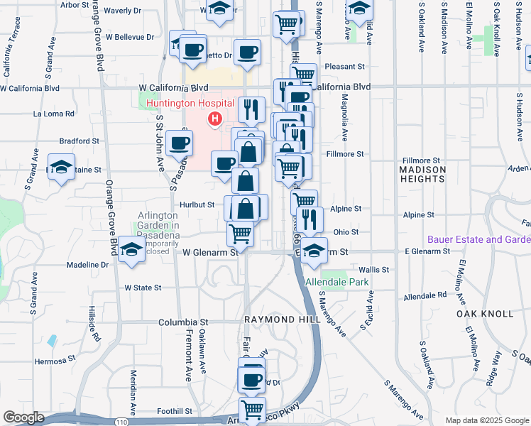 map of restaurants, bars, coffee shops, grocery stores, and more near 943 South Raymond Avenue in Pasadena