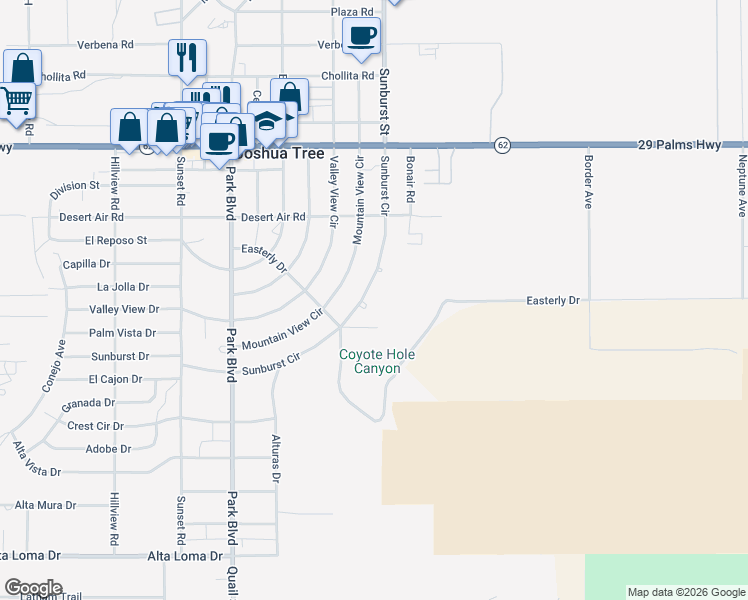 map of restaurants, bars, coffee shops, grocery stores, and more near 61961 Sunburst Circle in Joshua Tree