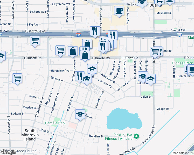 map of restaurants, bars, coffee shops, grocery stores, and more near 819 Lewiston St in Duarte