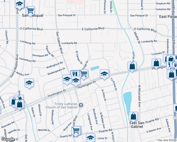 map of restaurants, bars, coffee shops, grocery stores, and more near 1074 El Campo Drive in Pasadena