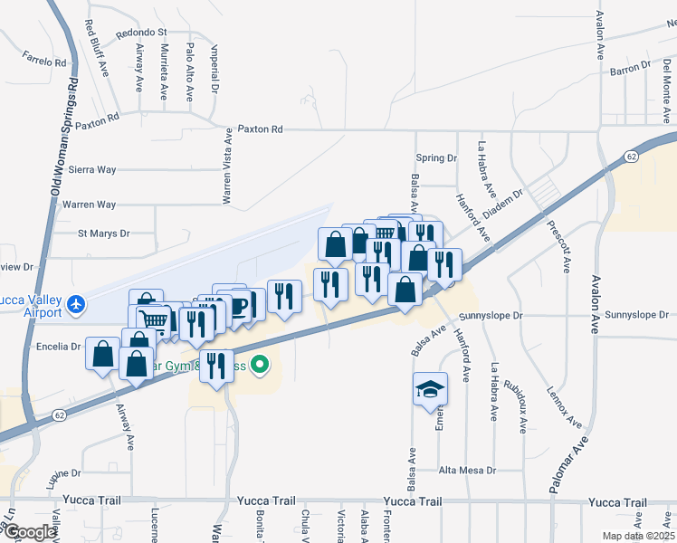 map of restaurants, bars, coffee shops, grocery stores, and more near 57980 29 Palms Highway in Yucca Valley