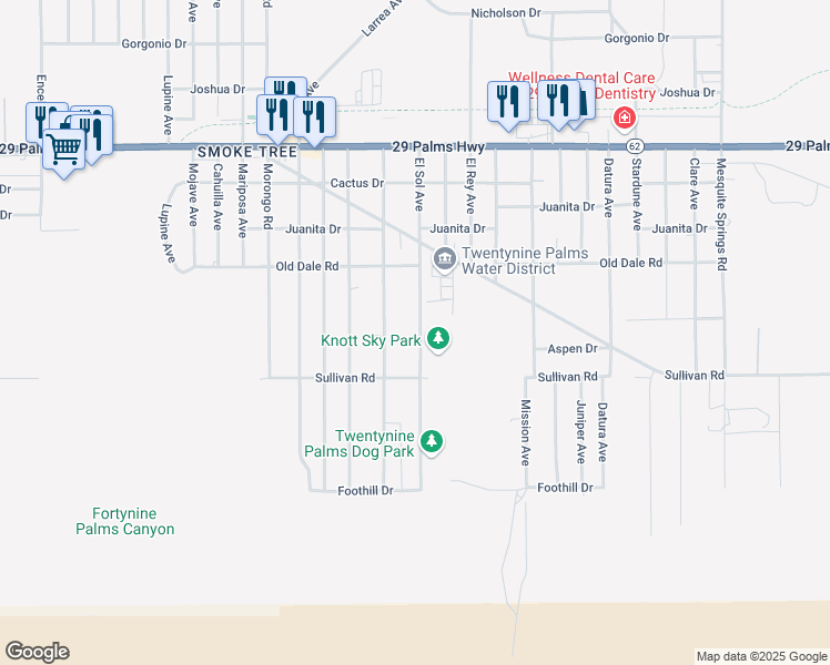 map of restaurants, bars, coffee shops, grocery stores, and more near 6818 El Sol Avenue in Twentynine Palms