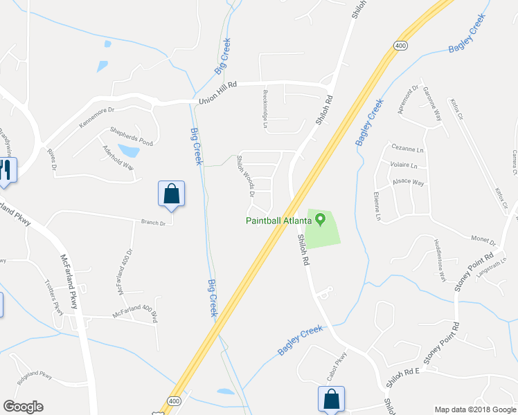 map of restaurants, bars, coffee shops, grocery stores, and more near Sheppard Drive in Cumming
