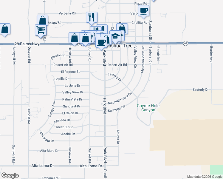 map of restaurants, bars, coffee shops, grocery stores, and more near 61827 Grand View Circle in Joshua Tree