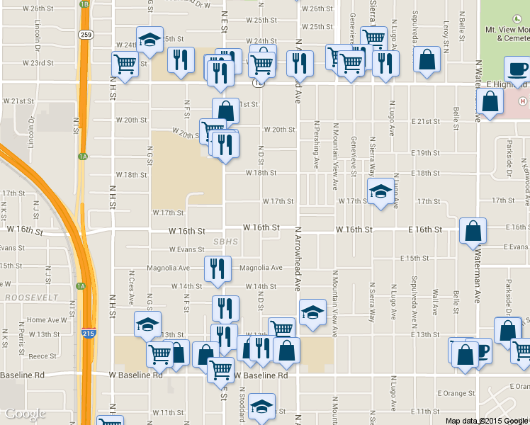 map of restaurants, bars, coffee shops, grocery stores, and more near 1673 North D Street in San Bernardino