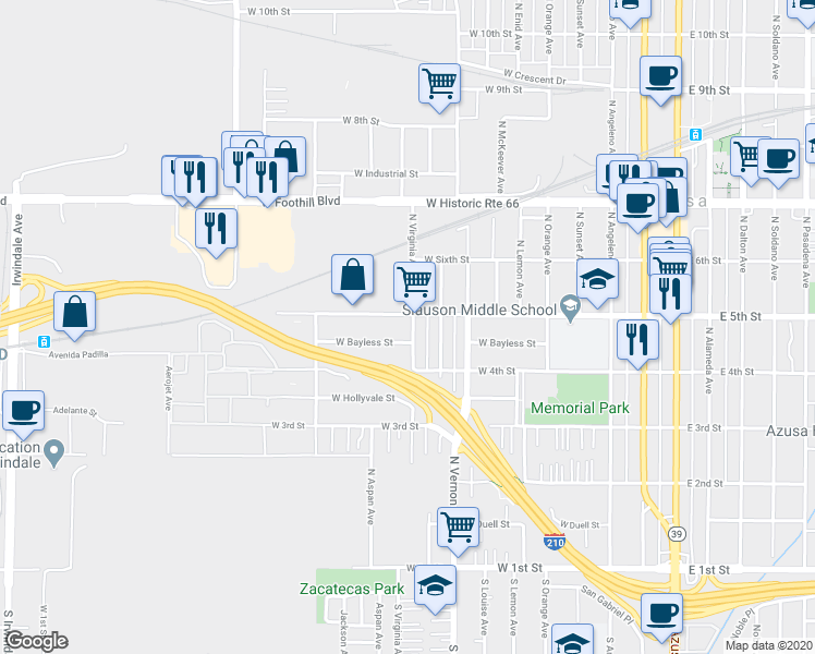 map of restaurants, bars, coffee shops, grocery stores, and more near 443 North Virginia Avenue in Azusa
