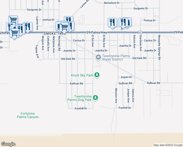map of restaurants, bars, coffee shops, grocery stores, and more near 6818 El Sol Avenue in Twentynine Palms