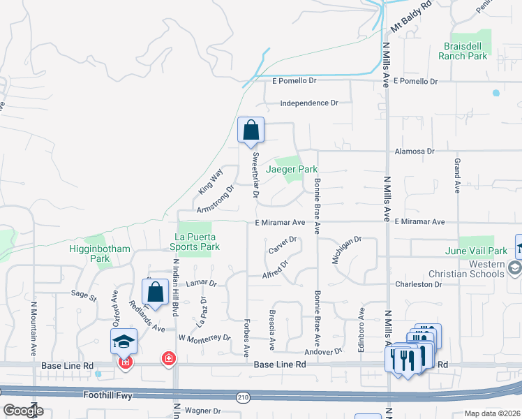 map of restaurants, bars, coffee shops, grocery stores, and more near 2540 Stonehill Court in Claremont