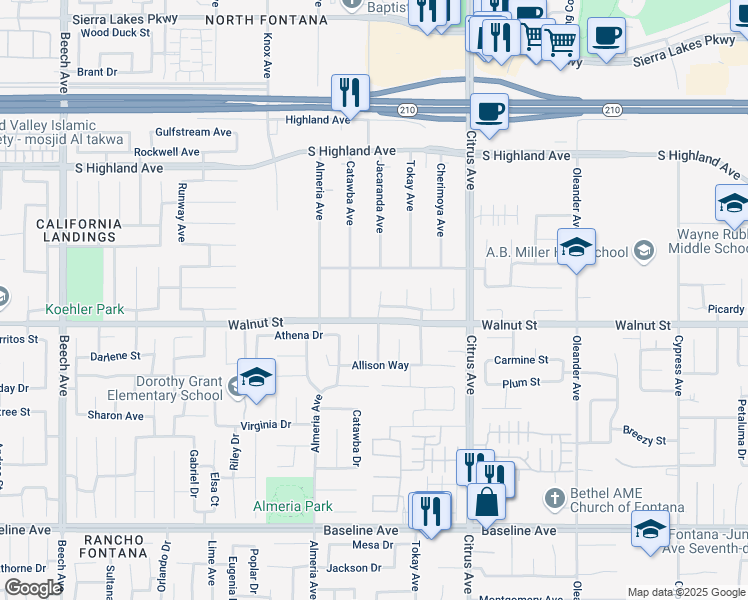 map of restaurants, bars, coffee shops, grocery stores, and more near 6854 Tahoe Way in Fontana