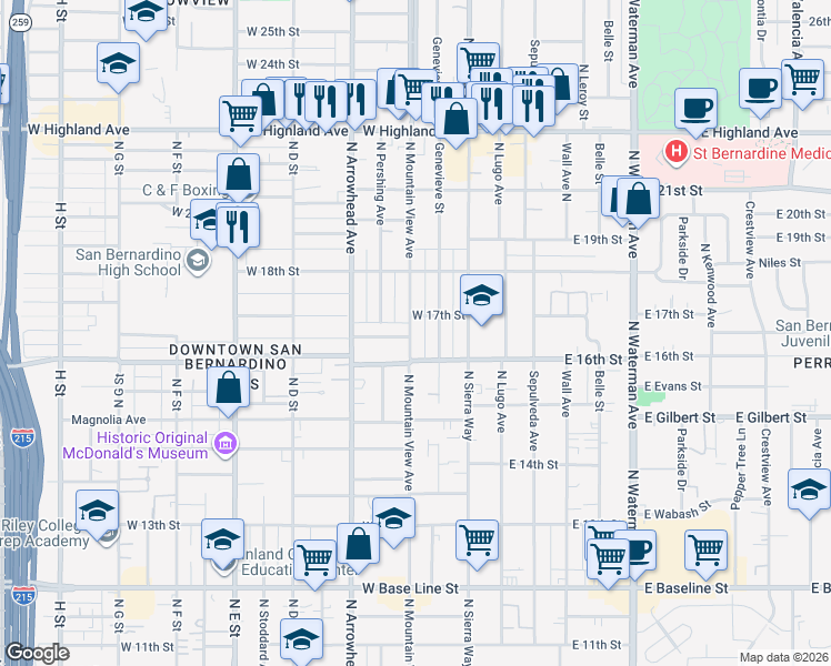 map of restaurants, bars, coffee shops, grocery stores, and more near 1662 Genevieve Street in San Bernardino