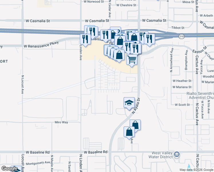 map of restaurants, bars, coffee shops, grocery stores, and more near Phantom Lane in Rialto