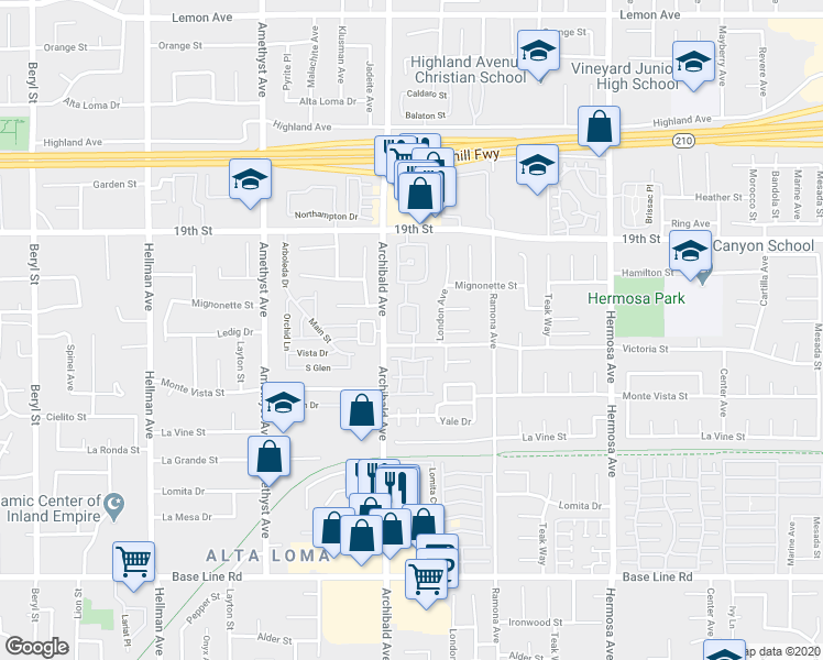 map of restaurants, bars, coffee shops, grocery stores, and more near 6862 Shadow Ridge Place in Rancho Cucamonga