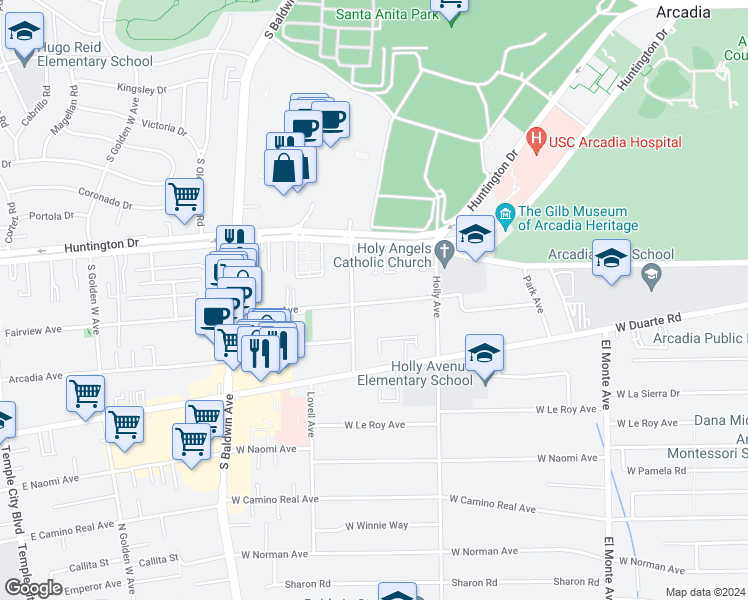 map of restaurants, bars, coffee shops, grocery stores, and more near 461 Fairview Avenue in Arcadia