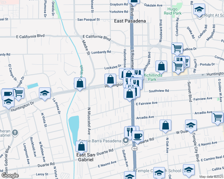 map of restaurants, bars, coffee shops, grocery stores, and more near 7246 North Lotus Avenue in San Gabriel