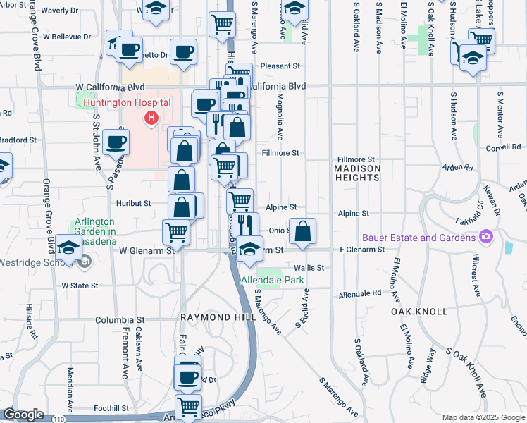 map of restaurants, bars, coffee shops, grocery stores, and more near 945 South Marengo Avenue in Pasadena