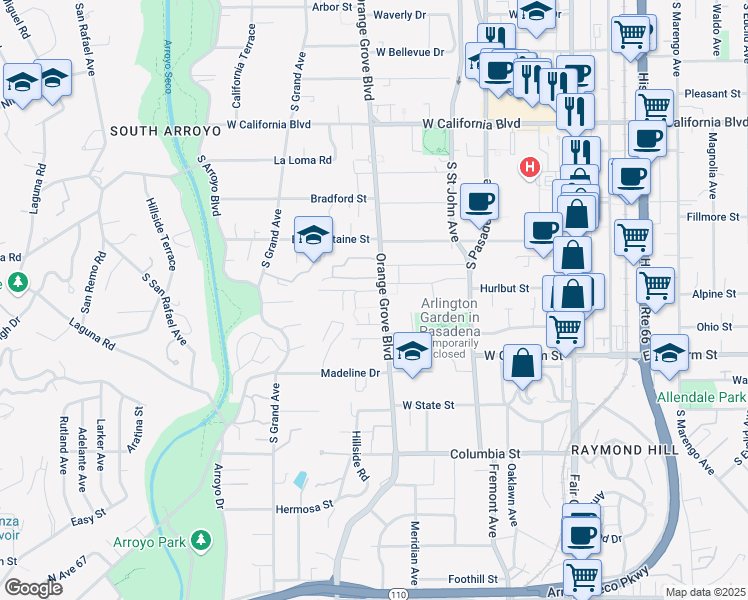 map of restaurants, bars, coffee shops, grocery stores, and more near 520 Orange Grove Circle in Pasadena