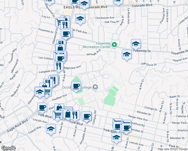 map of restaurants, bars, coffee shops, grocery stores, and more near 1600 Campus Road in Los Angeles