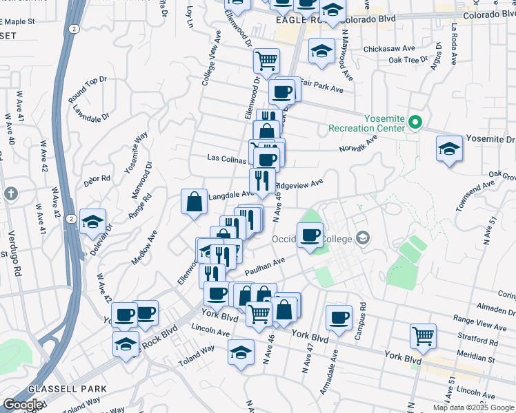 map of restaurants, bars, coffee shops, grocery stores, and more near 4680 North Eagle Rock Boulevard in Los Angeles