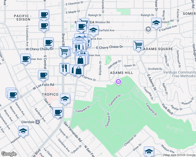 map of restaurants, bars, coffee shops, grocery stores, and more near 511 East Cypress Street in Glendale