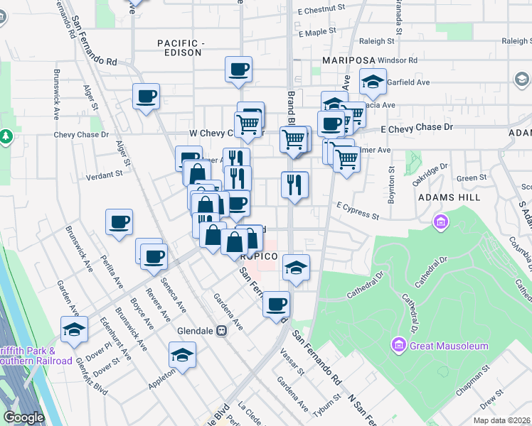 map of restaurants, bars, coffee shops, grocery stores, and more near 208 West Cypress Street in Glendale