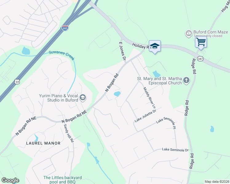 map of restaurants, bars, coffee shops, grocery stores, and more near 3555 North Bogan Road in Buford