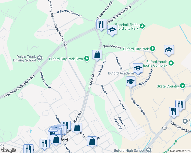 map of restaurants, bars, coffee shops, grocery stores, and more near 525 East Main Street in Buford